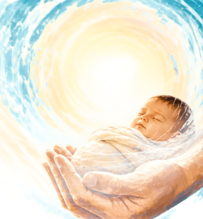 Ilustración de un recién nacido descansando en las manos de Dios